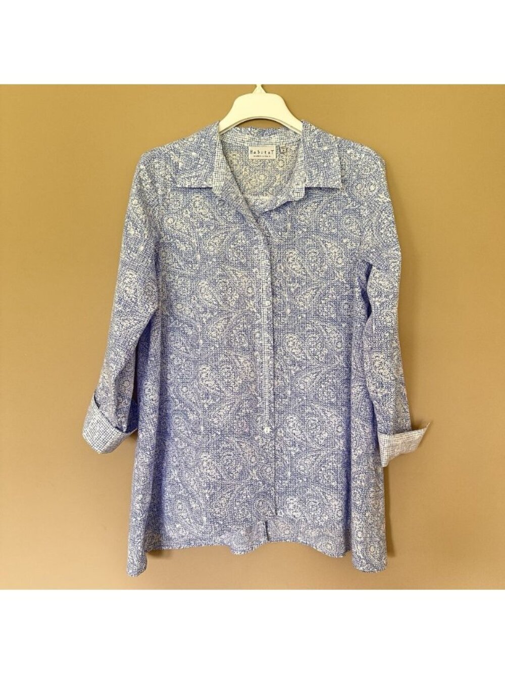 Habitat Women M Long Sleeve Button Shirt 100% Cotton Blue Hidden Placket Tunic